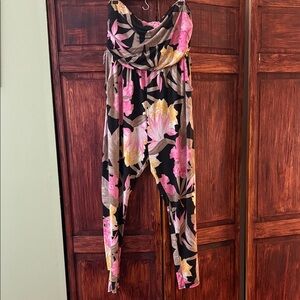 Fashion Nova Black Strapless Floral Jumpsuit with Pink & Yellow Accents